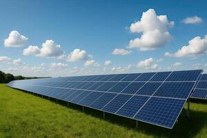A large solar panel farm in a green meadow under a blue sky, some clouds in the background, sunlight casting natural shadows, captured with a high-resolution DSLR camera, detailed photo
