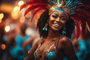 Brazilian samba dancer smiling with colorful feathers and costume photo