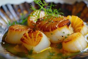 Seared scallops with dill and butter sauce in a shell photo
