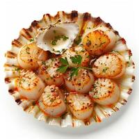 Seared scallops with parsley and butter sauce served on shell photo
