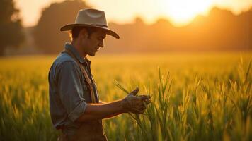 Farmer Inspecting Crops in Field at Sunset photo