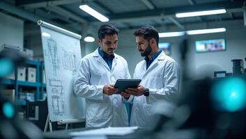 Indian engineers collaborating on manufacturing strategy using tablet and whiteboard in modern research facility with advanced engineering environment photo