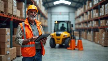 Indian Warehouse Worker Using Tablet to Manage Inventory in a Smart Warehouse with Automated Tracking and Digital Systems photo