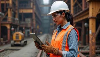 Indian female mining engineer confidently using a digital tablet while standing at an active industrial site with heavy machinery pipes and a rust-colored backdrop photo