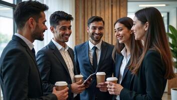 Group of Indian professional businesspeople having informal discussion during coffee break at modern office promoting teamwork and connection photo