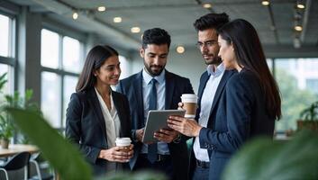 Group of four Indian professional businesspeople collaborating on report with tablet in modern office environment teamwork and productivity photo