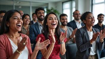 Diverse group of Indian colleagues clapping and smiling during business meeting in modern office celebrating teamwork and successful collaboration photo
