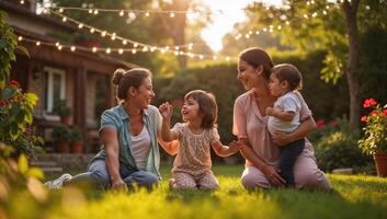 Multigenerational Hispanic Latino family enjoying bonding time in lush garden backyard with golden light and string lights on a warm sunny day photo