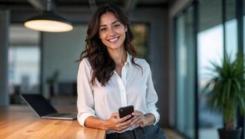 Smiling Latina businesswoman manager using smartphone and laptop working online in modern office for trading reading and productivity with copy space photo