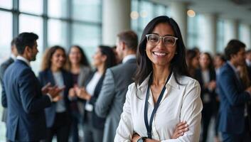 Smiling Indian businesswoman standing confidently in foreground of diverse crowd attending professional conference in modern event space photo