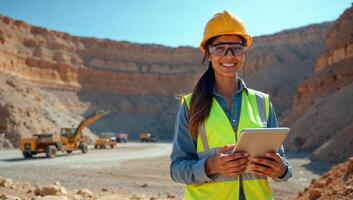 Confident Indian female engineer using a digital tablet while overseeing a large mining operation highlighting her leadership and role in industrial innovation photo