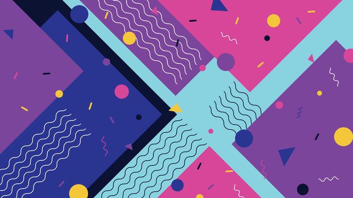 Bright and bold geometric design featuring circles triangles and waves in pink blue and purple ideal for modern digital backgrounds posters and creative projects