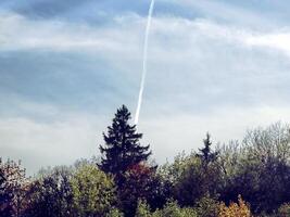 plane trail over pine tree and forest, clear sky with natural landscape photo