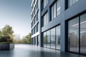 Modern Gray Building Exterior with Rooftop Terrace and City View photo