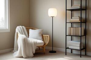 Cozy Beige Reading Nook with Wicker Chair and Floor Lamp photo