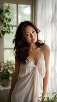 Woman in Off White Lace Camisole Near Window with Soft Natural Light photo