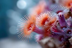 Vibrant Orange And Purple Sea Anemones Close Up photo