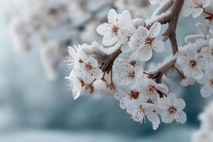 Delicate White Blossoms on Branch, Soft Focus, Pastel Background photo