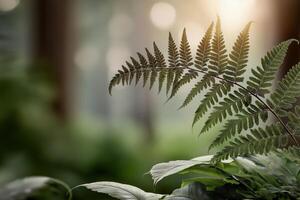 Closeup Of Green Fern Frond With Water Droplets In Soft Sunlight photo