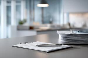 Gray Desk with Notepad Papers and Pens, Modern Kitchen Blurred Background photo