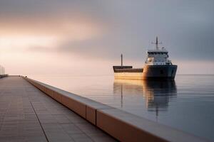 Cargo Ship Approaching Modern Pier at Dawn photo