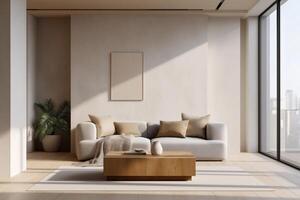 Sunlit Minimalist Living Room with Patterned Sofa and City View photo