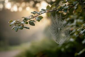 Dew Kissed Spiderweb In Morning Sunlight photo
