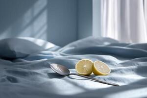 Silver Spoon and Lemon Halves on Light Blue Linen Bedding photo