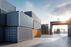 Sunny Port with Stacked Shipping Containers and Crane photo