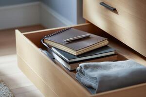 Light Oak Drawer with Notebooks and Cloth in Soft Natural Light photo