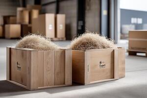 Light Brown Wooden Crates Filled with Beige Fibrous Material in Warehouse photo
