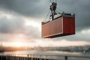 Red Shipping Container Lifted by Crane at Sunset photo