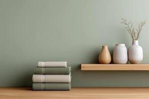Beige and Green Towels Stacked with Minimalist Vases on Wooden Shelf photo