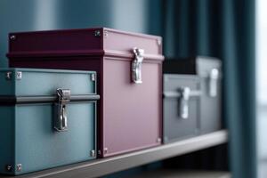 Teal Maroon Gray Metal Storage Boxes on Shelf photo