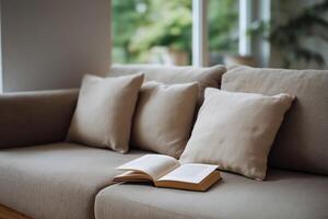 Beige Sofa with Pillows and Open Book in Bright Living Room photo