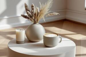 Serene Still Life Beige and Grey Coffee Mug, Candle, and Pampas Grass on Textured Table photo