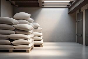Sunlit Industrial Warehouse with Stacks of Burlap Sacks on Pallets photo