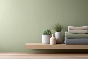 Beige Shelf with Sage Green Wall, Neutral Textiles and Succulents photo