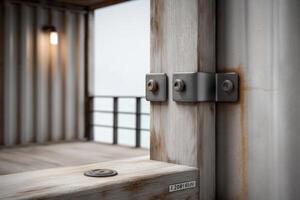 Rustic Wooden Beam and Metal Joint Closeup Industrial Setting photo