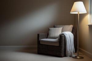 Cozy Armchair in Dimly Lit Room with Floor Lamp photo