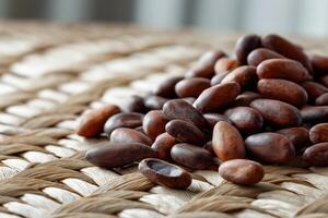 Cocoa Beans on Woven Mat Close Up Photography of Roasted Cacao photo