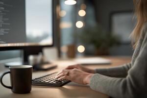 Woman Typing on Keyboard in Warmly Lit Home Office photo