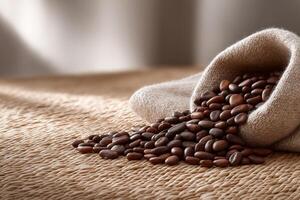 Dark Roasted Coffee Beans Spilling from Burlap Sack photo