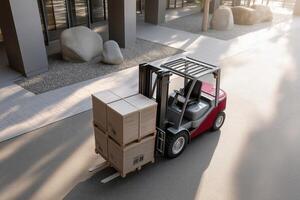 Red Forklift Carrying Cardboard Boxes Near Modern Building photo