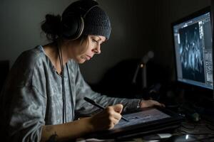 Digital artist working on a stylus tablet in a dim studio, glowing monitor with detailed UI, headphones on, intense focus, soft fill light from side, Sony A7R IV, 35mm lens photo