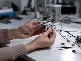 Close-up of hands assembling a small robotic component. photo