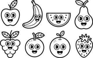 Cute cartoon fruits outline illustration with smiling faces for coloring book vector