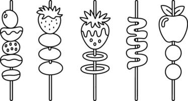 Set of simple skewers with fruits and sweets in outline style vector