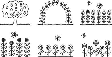 Whimsical garden with blooming flowers,archway,and orchard in minimalist line art vector