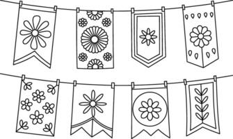Hand drawn festive banner garland with floral design elements hanging on string vector